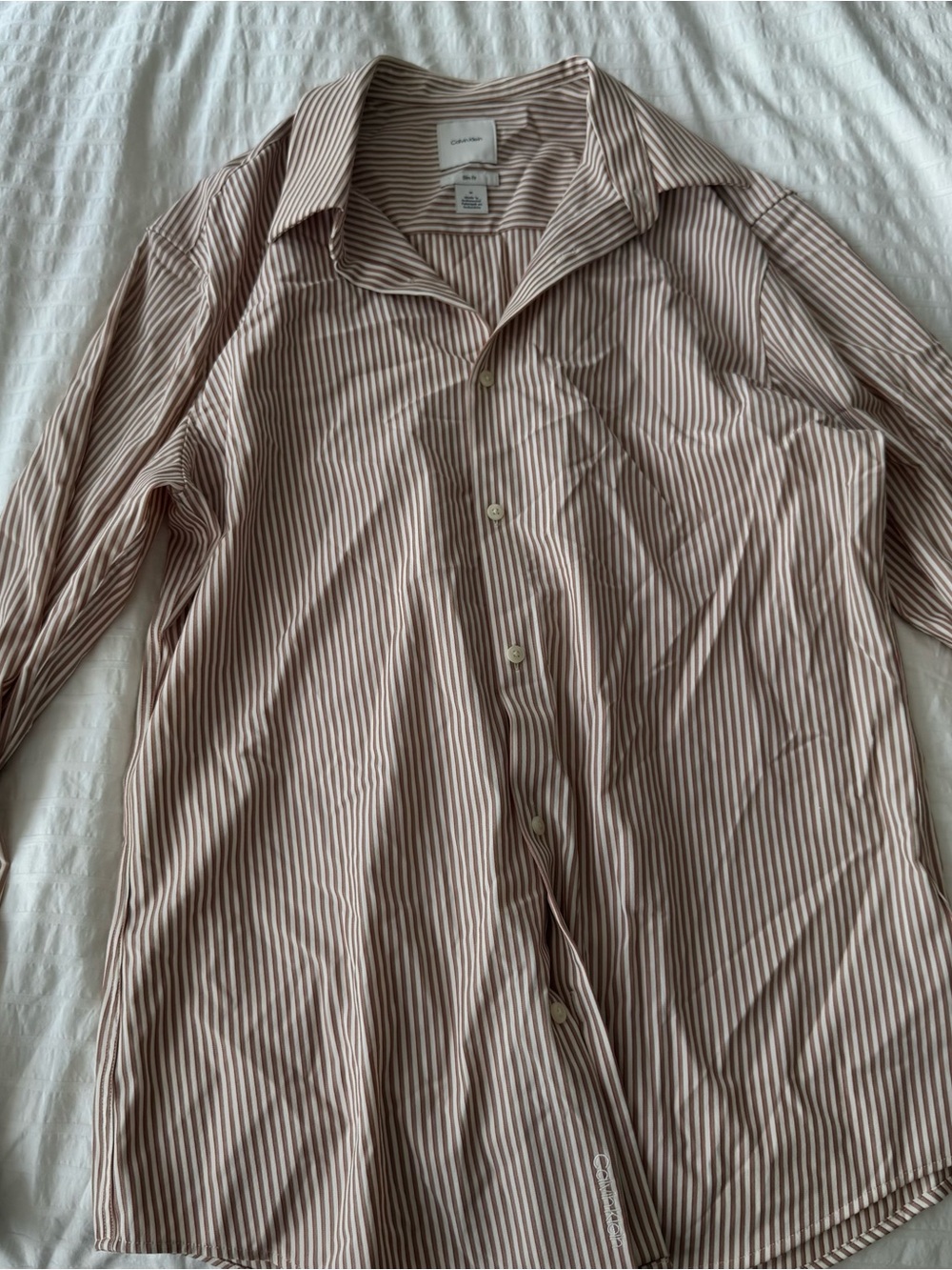 Calvin Klein Men's Pink and White Striped Dress Shirt